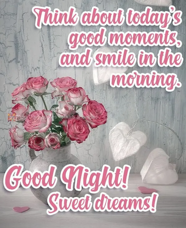 Think about today's good moments, and you will smile in the morning. Good Night! Sweet dreams!