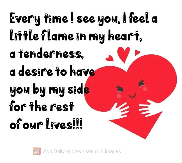 Toda vez que te vejo, sinto uma pequena chama no meu coração, um carinho, um desejo de ter você ao meu lado o resto de nossas vidas!!!
