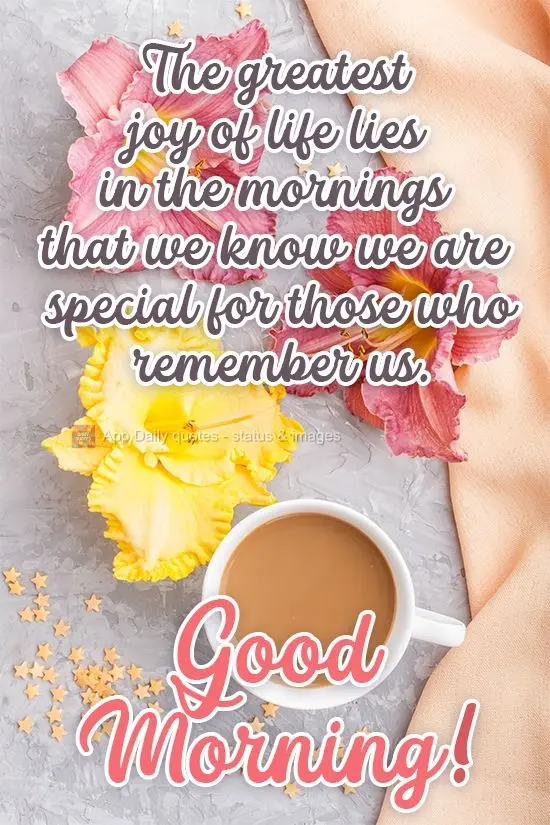 A maior alegria da vida se encontra nas manhãs que a gente sabe que somos especiais para pessoas que lembram de nós.  Bom dia!