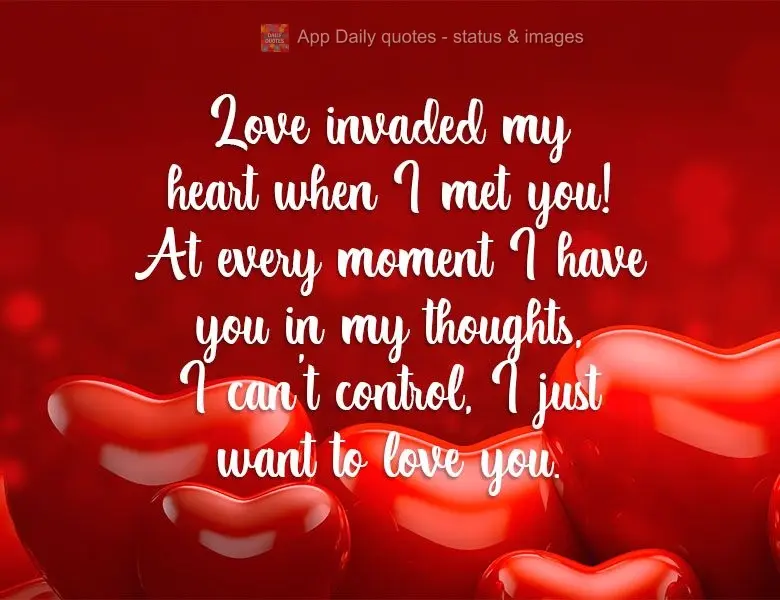 O amor invadiu meu coração quando conheci você! Em todos os momentos tenho você em meus pensamentos, não consigo controlar, eu apenas quero te amar....