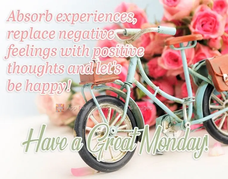 Absorva experiências, substitua sentimentos negativos por pensamentos positivos e vamos ser feliz! 
 Boa Segunda-feira!