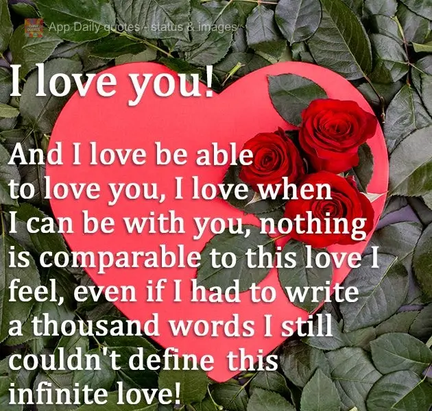 Eu te amo! E amo poder amar você, amo quando posso estar com você, nada se compara a esse amor que sinto, nem se eu tivesse que escrever mil palavras a...