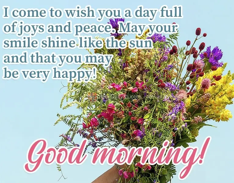 Venho te desejar um dia repleto de alegrias e paz. Que hoje seu sorriso brilhe como o sol e você seja muito feliz.
 Bom dia!