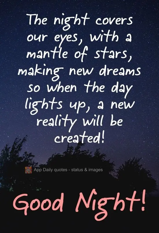 A noite cobre nossos olhos com um manto de estrelas, fabricando novos sonhos para que, quando o dia clarear, uma nova realidade criar! 
 Boa noite!