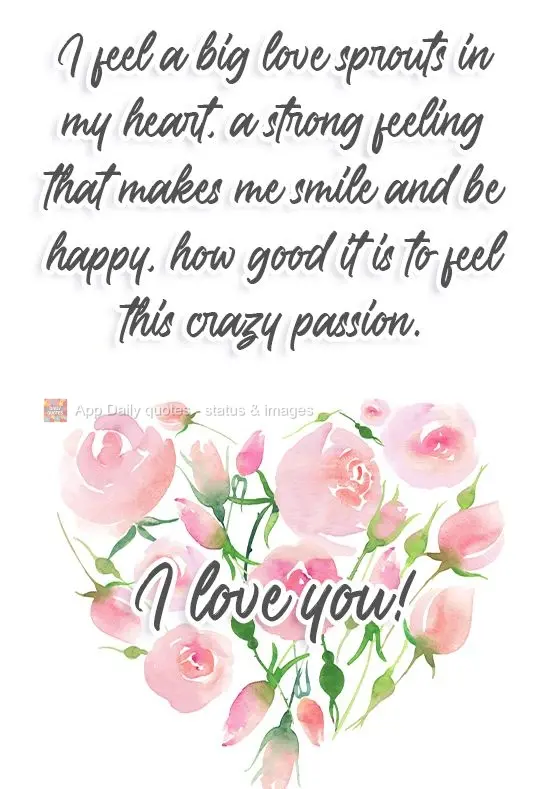 Sinto um grande amor brotar em meu coração, uma forte sensação que me faz sorrir e ser feliz, como é bom poder sentir essa louca paixão.  Eu te amo...