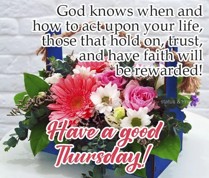 God knows when and how to act upon your life. Those that hold on, trust, and have faith will be rewarded!  Have a good Thursday! 