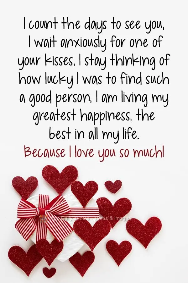 I count the days until I can see you. I wait anxiously for one of your kisses. I keep thinking of how lucky I was to find such a good person. I am living...