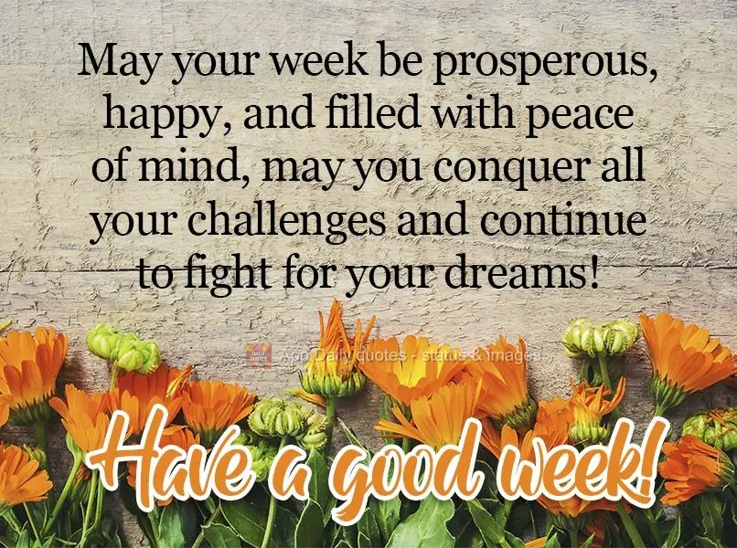 May your week be prosperous, happy, and filled with peace of mind, may you conquer all your challenges and continue to fight for your dreams!  Have a goo...