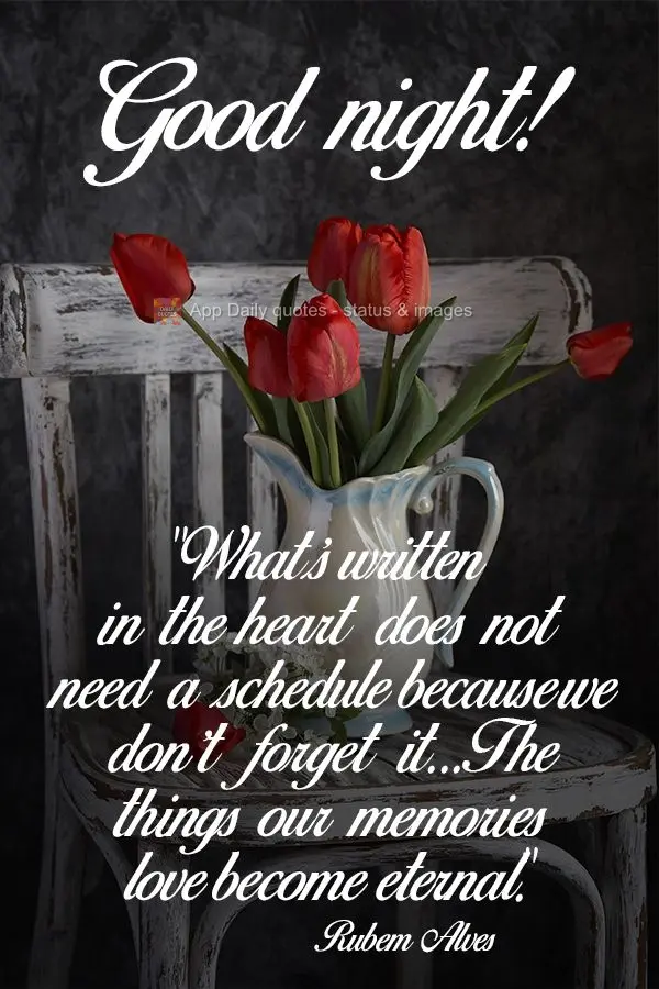 "What's written in the heart does not need a schedule because we don't forget it... The things our memories love become eternal." Good night!  Rubem Alve...