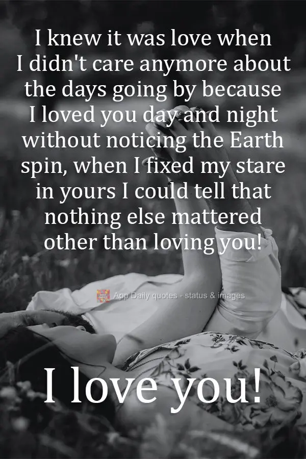 I knew it was love when I didn't care anymore about the days going by because I loved you day and night without noticing the Earth spin, when I fixed my ...