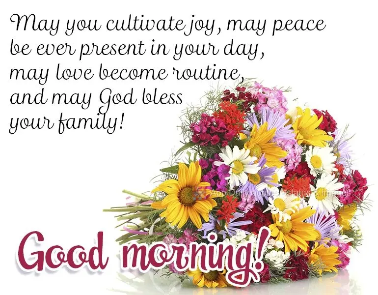 May you cultivate joy, may peace be ever present in your day, may love become routine, and may God bless your family! Good morning!