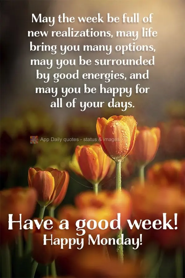 May the week be full of new realizations, may life bring you many options, may you be surrounded by good energies, and may you be happy for all of your d...