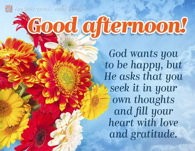 Deus deseja a sua felicidade, mas Ele pede que você a busque em seus próprios pensamentos e encha seu coração de amor e gratidão. Boa tarde!