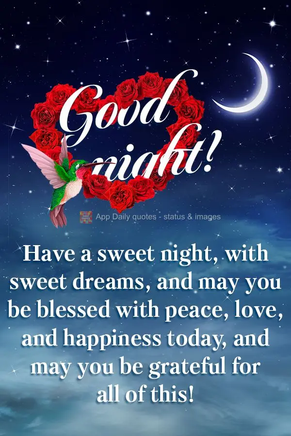 Tenha uma doce noite com lindos sonhos, e que hoje você seja abençoado com paz, amor, felicidade e seja grato por tudo isso! Boa noite!