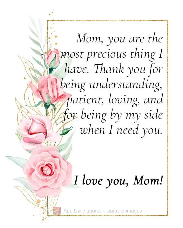 Mom, you are the most precious thing I have. Thank you for being understanding, patient, loving, and for being by my side when I need you. I love you, Mo...