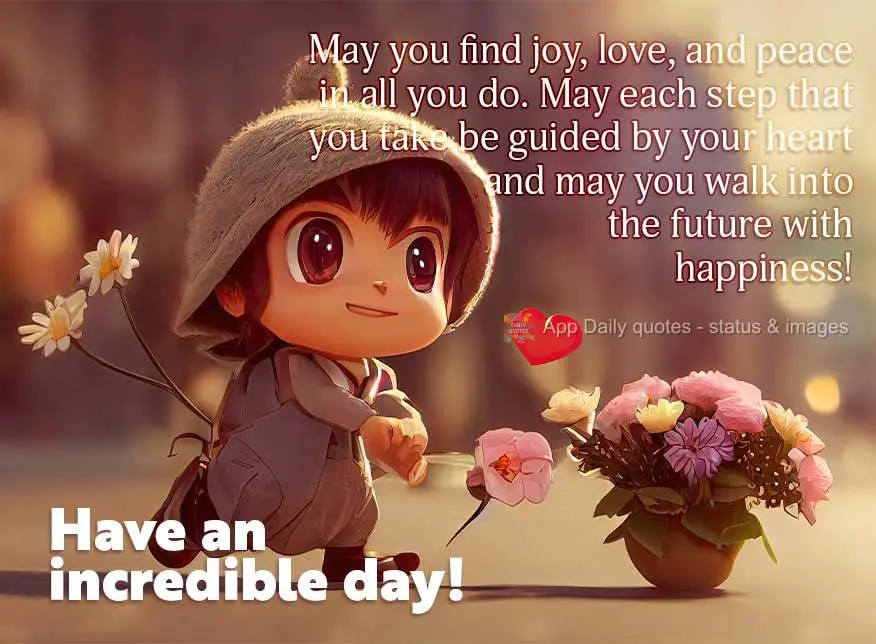 May you find joy, love, and peace in all you do. May each step that you take be guided by your heart and may you walk into the future with joy! Have an i...