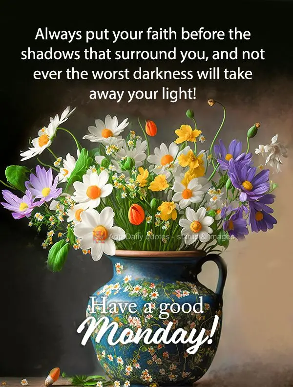 Mantenha sua fé sempre à frente das sombras que te cercam, pois nem a pior escuridão tirará a sua luz!  Tenha uma feliz Segunda-feira!