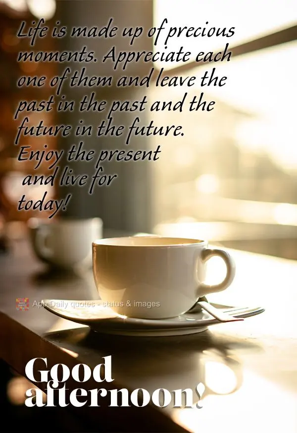 Life is made up of precious moments. Appreciate each one of them and leave the past in the past and the future in the future. Enjoy the present and live ...