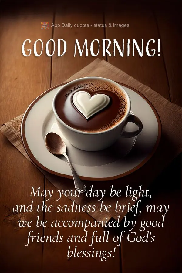 Que seu dia seja leve, e a tristeza seja breve, que possamos estar acompanhado de boas amizades e cheio das bênçãos de Deus! Bom dia!