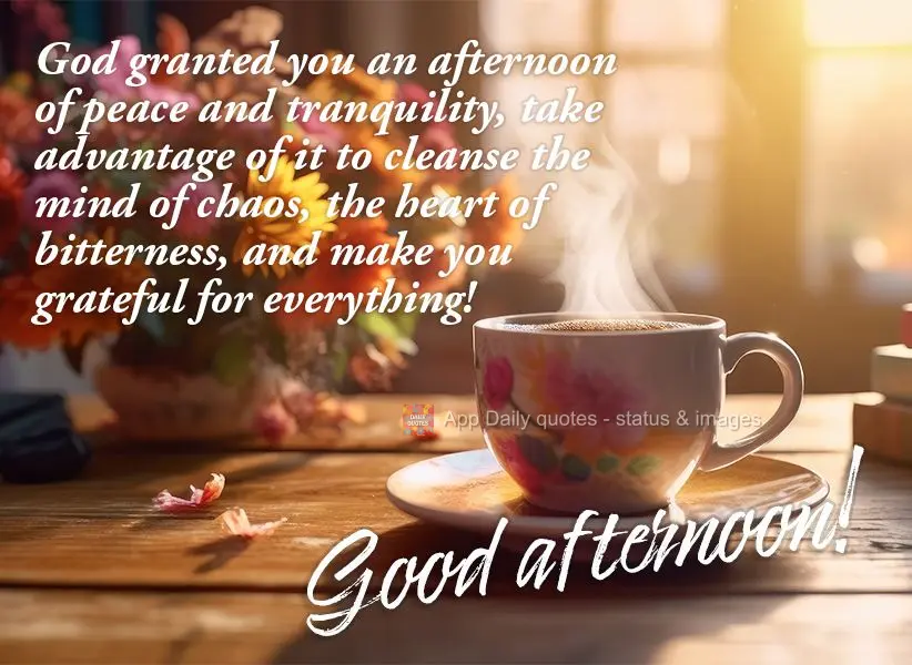 Deus providenciou uma tarde de paz e tranquilidade para você, aproveite para limpar a mente do caos, o coração das amarguras e seja grato por tudo! Bo...