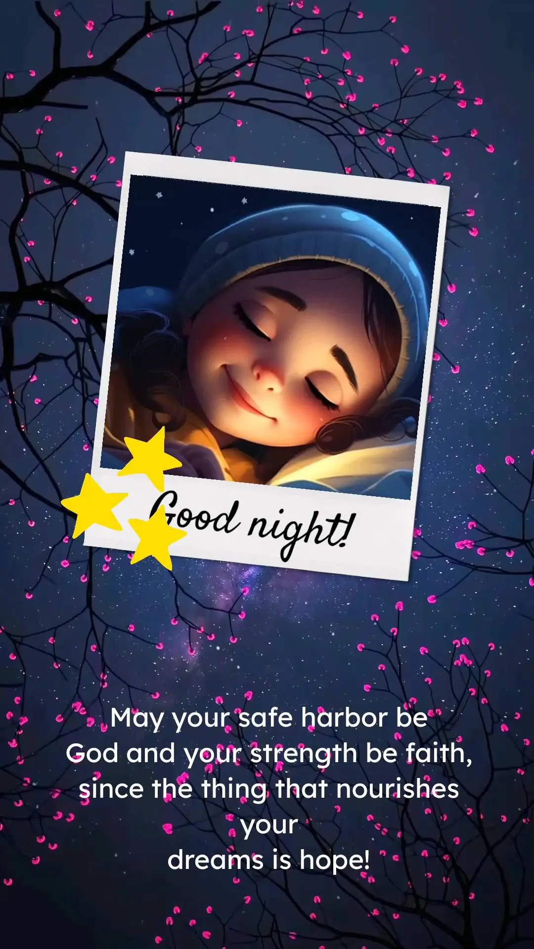  Boa noite! Que seu porto seguro seja 
Deus e a sua força a seja a fé, 
pois o que sustenta teus 
sonhos é a esperança!