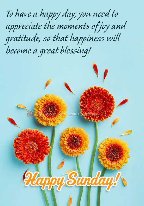 To have a happy day, you need to appreciate the moments of joy and gratitude, so that happiness will become a great blessing! Happy Sunday!