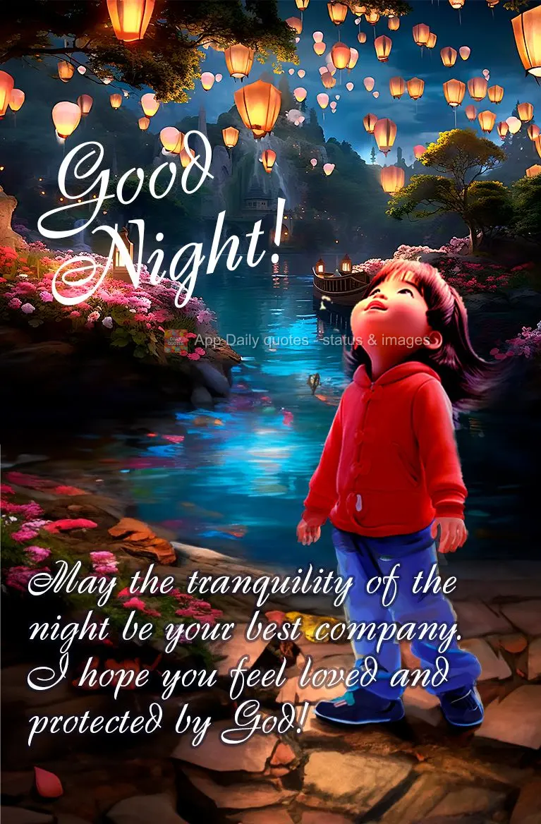 Que a tranquilidade da noite seja sua melhor companhia. Desejo que você se sinta amado e protegido por Deus! Boa noite!