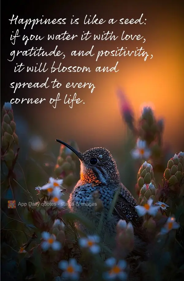 A felicidade é como uma semente: se você regar com amor, gratidão e positividade, ela florescerá e se espalhará por todos os cantos da sua vida.