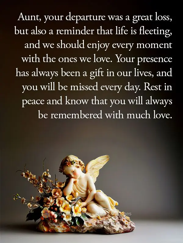 Tia, sua partida foi uma grande perda, mas também um lembrete de que a vida é passageira e devemos aproveitar cada momento ao lado de quem amamos. Sua ...