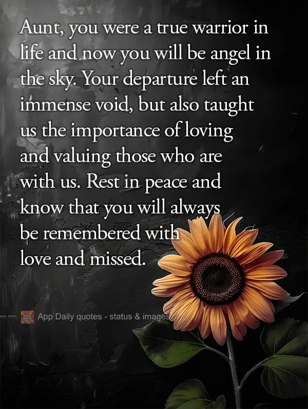 Tia, você foi uma verdadeira guerreira em vida e agora será um anjo no céu. Sua partida nos deixou um vazio imenso, mas também nos ensinou a importâ...
