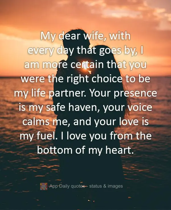 My dear wife, with every day that goes by, I am more certain that you were the right choice to be my life partner. Your presence is my safe haven, your v...