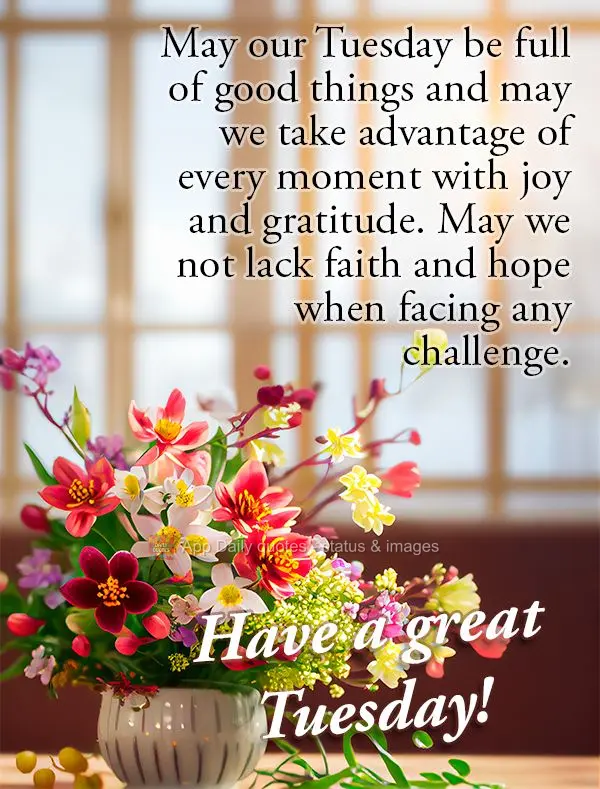 May our Tuesday be full of good things and may we take advantage of every moment with joy and gratitude. May we not lack faith and hope when facing any c...