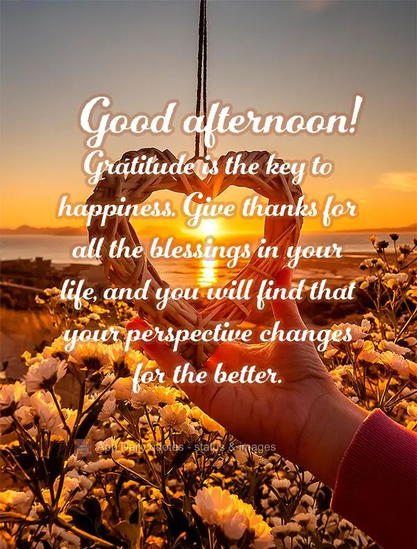 A gratidão é a chave para a felicidade. Agradeça por todas as bênçãos em sua vida e verá como sua perspectiva mudará para melhor. Boa tarde!