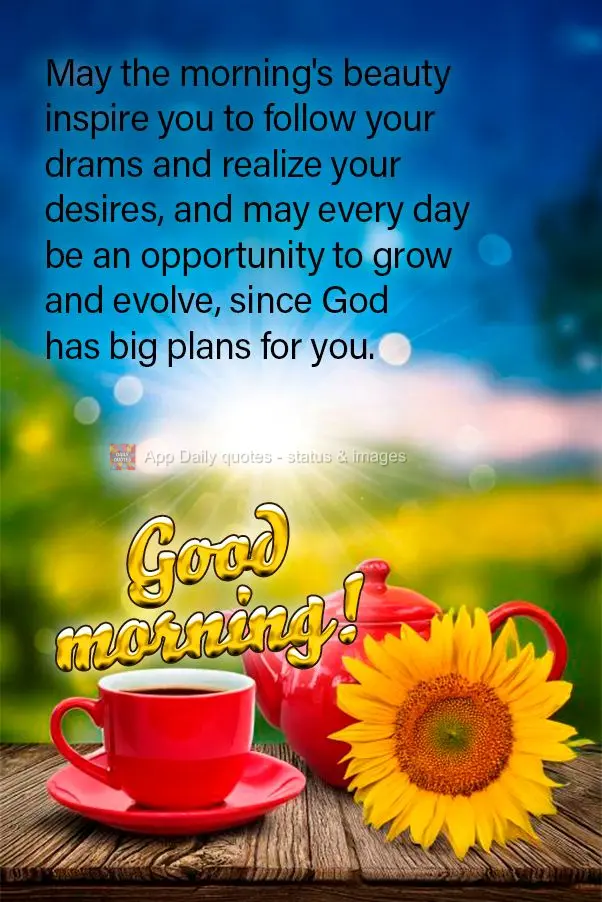Que a beleza dessa manhã te inspire a buscar seus sonhos e realizar seus desejos e que cada dia seja uma oportunidade para crescer e evoluir, pois Deus ...