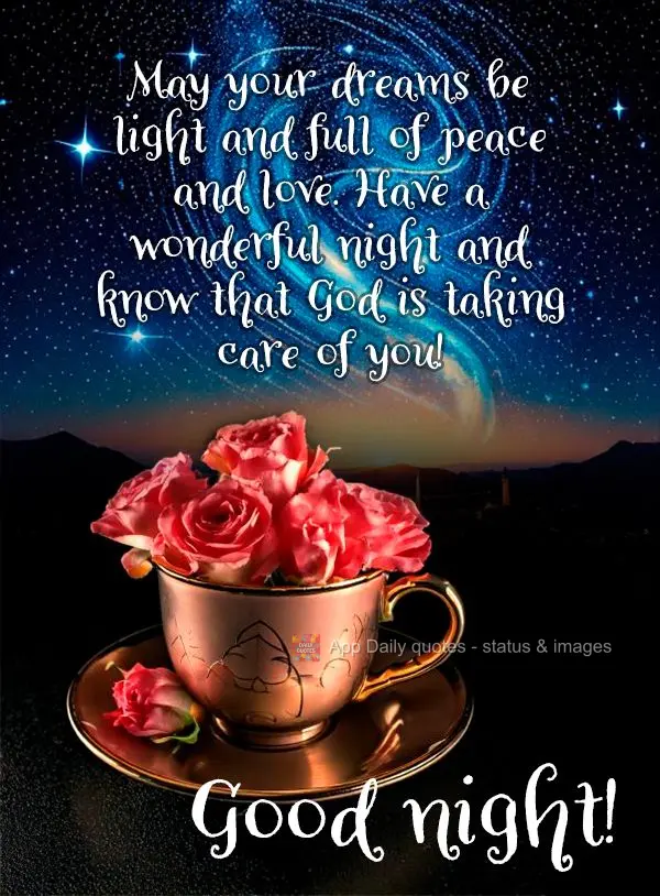 Que os seus sonhos sejam leves, repletos de paz e amor. Tenha uma noite maravilhosa e saiba que Deus está cuidando de você!  Boa noite!