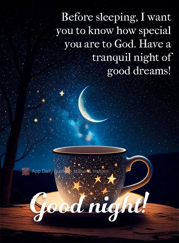 Antes de dormir, quero que saiba o quanto você é especial para Deus. Tenha uma noite tranquila e bom sonhos! Boa noite!