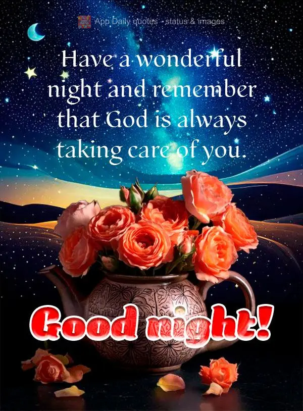 Tenha uma noite maravilhosa e lembre-se sempre, Deus está cuidando de ti. Boa noite!