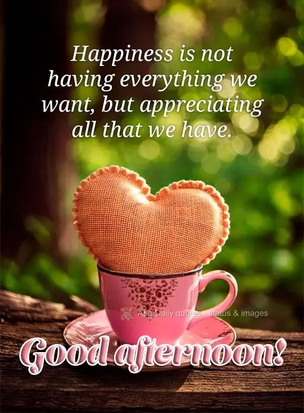 A felicidade não é ter tudo que queremos, mas apreciar tudo que temos. Boa tarde!