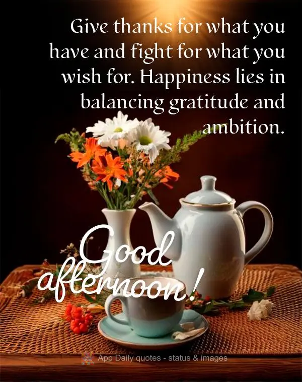 Agradeça pelo que você tem e lute pelo que deseja. A felicidade está em equilibrar gratidão e ambição. Boa tarde!