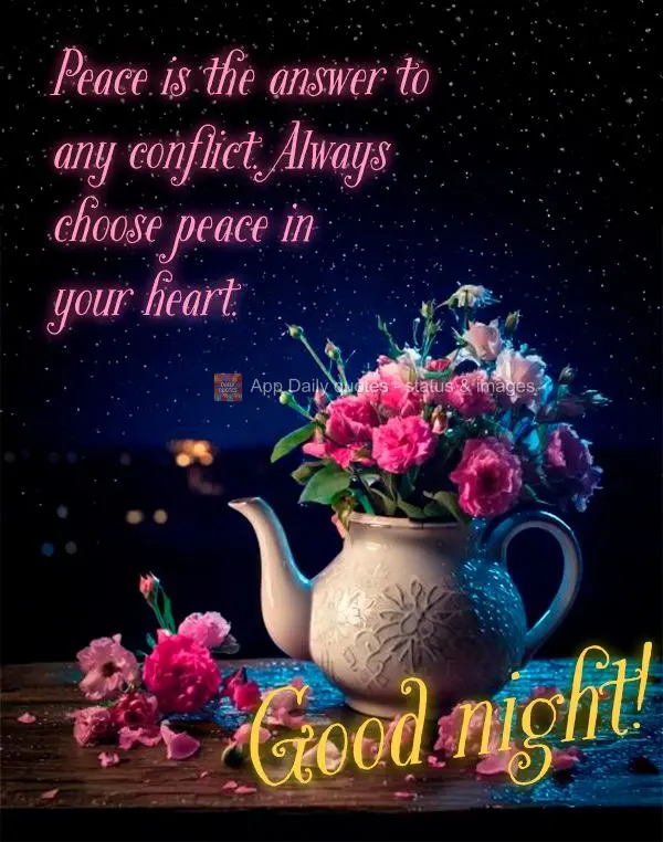 Peace is the answer to any conflict. Always choose peace in your heart. Good night!