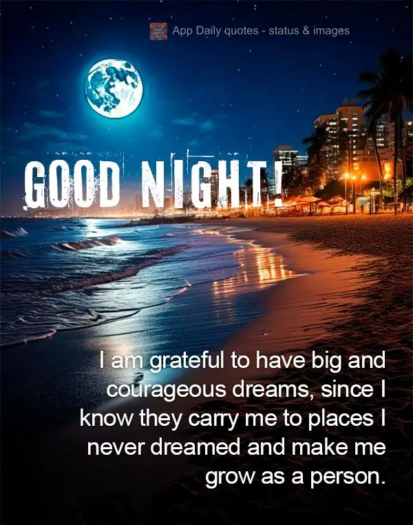 Sou grato por ter sonhos grandes e ousados, pois sei que são eles que me levam a lugares que nunca imaginei e me fazem crescer como pessoa. Boa noite!...