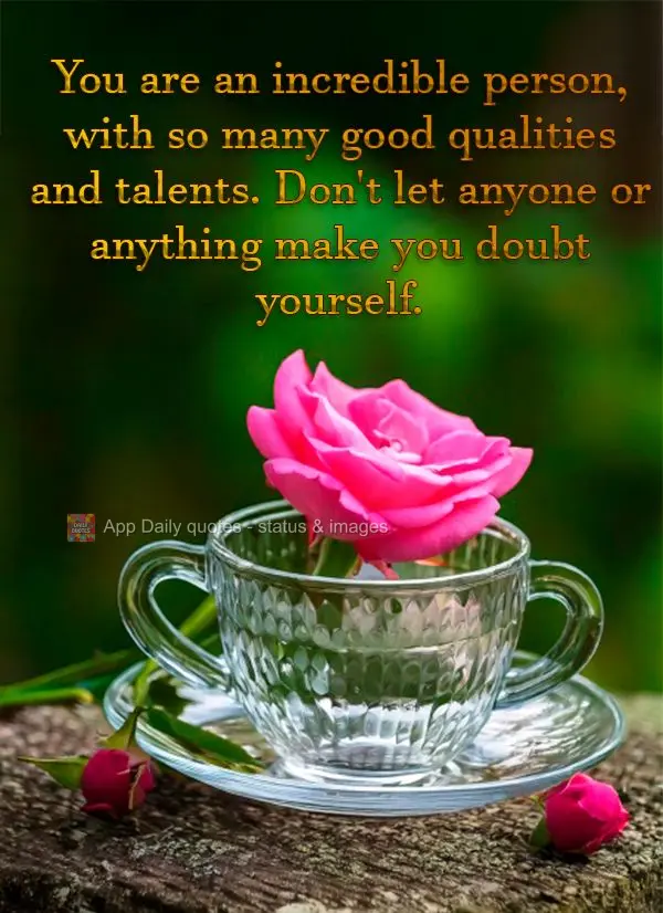 You are an incredible person, with so many good qualities and talents. Don't let anyone or anything make you doubt yourself.