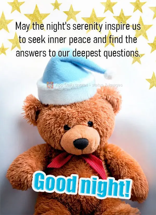 Que a serenidade da noite nos inspire a buscar a paz interior e a encontrar respostas para nossas perguntas mais profundas. Boa noite!