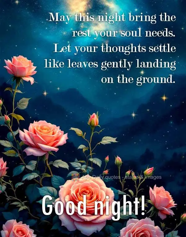 Que esta noite traga o descanso que sua alma precisa. Deixe os pensamentos se acalmarem como folhas que pousam suavemente no chão. Boa noite!