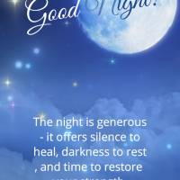 A noite é generosa - ela oferece silêncio para curar, escuridão para descansar, e tempo para renovar suas forças. Boa noite!