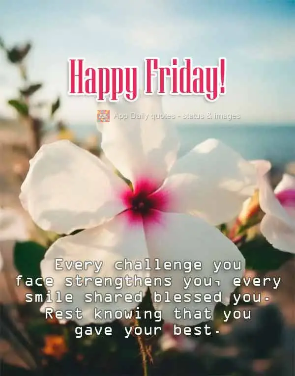 Cada desafio enfrentado te fortaleceu, cada sorriso compartilhado te abençoou. Descanse sabendo que você deu o seu melhor. Feliz Sexta-feira!