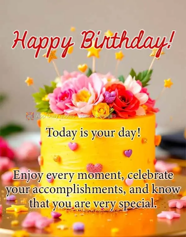Today is your day! Enjoy every moment, celebrate your accomplishments, and know that you are very special. Happy Birthday!
