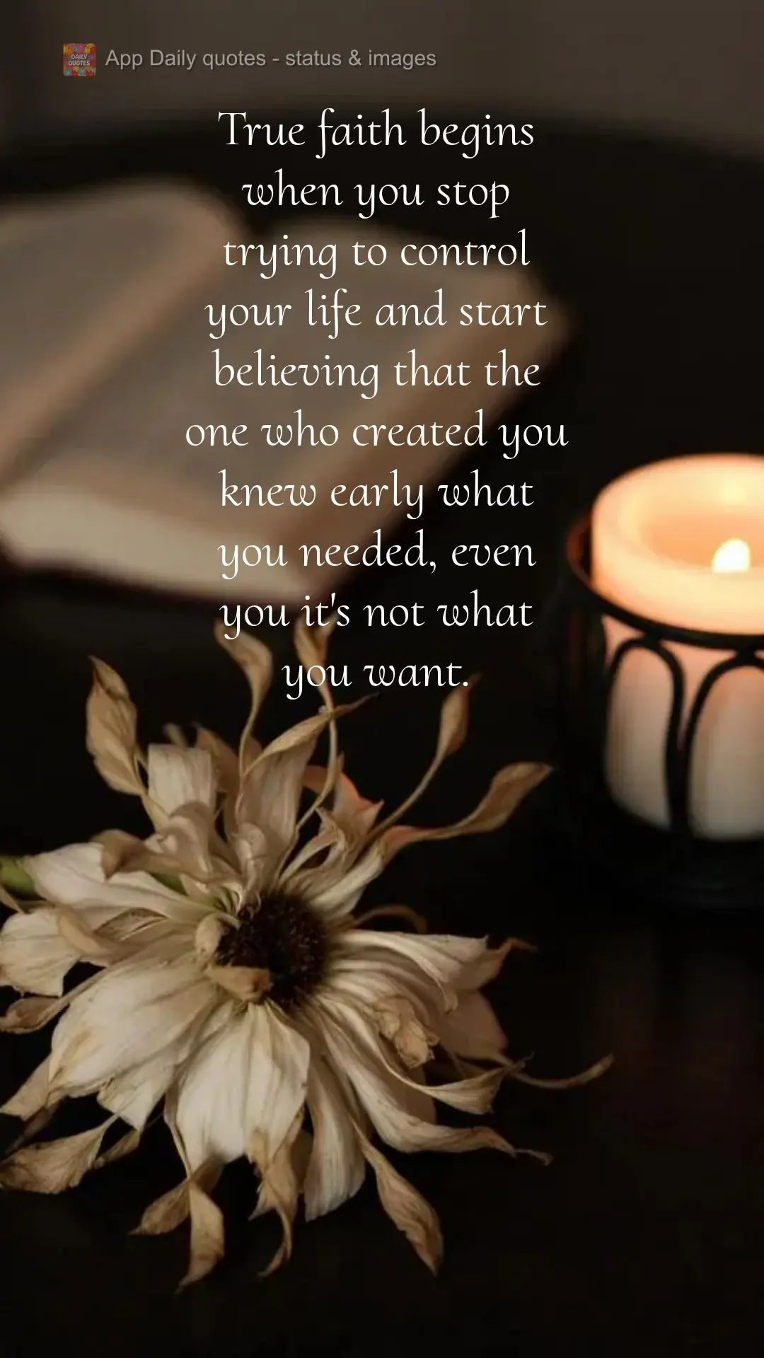 True faith begins when you stop trying to control your life and start believing that the one who created you knew early what you needed, even you it's no...