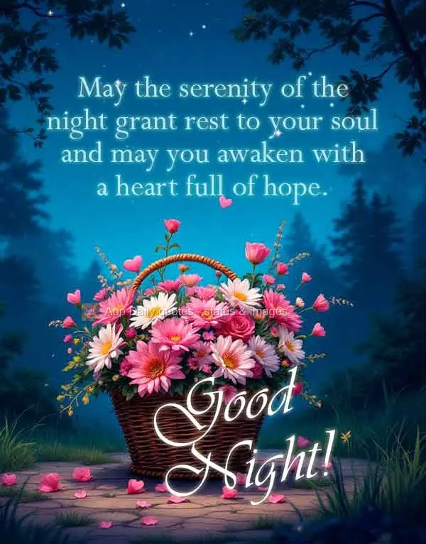 Que a serenidade da noite traga descanso à sua alma e que você acorde com o coração cheio de esperança. Boa noite!