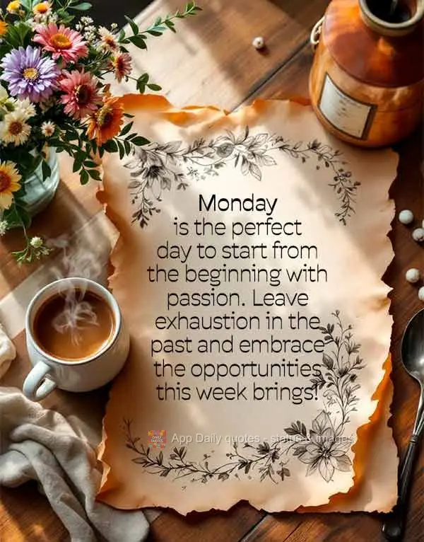 Segunda-feira é o dia perfeito para recomeçar com entusiasmo. Deixe o cansaço do passado para trás e abrace as oportunidades que esta semana traz!